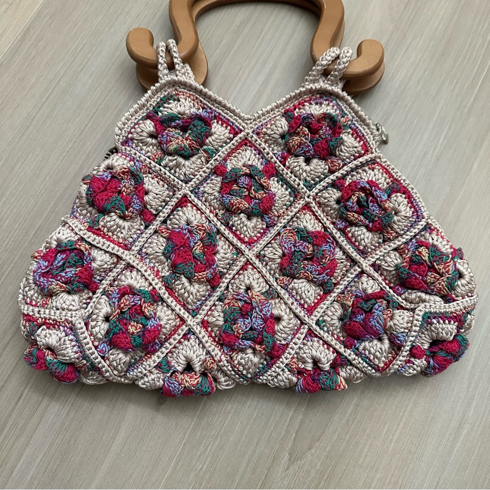 Ricardo Beverly Hills Handbag Woven W/ Wood Handles Lined Zip Floral Purse RARE - Picture 15 of 16